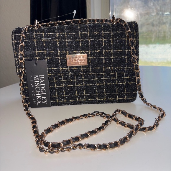 Badgley Mischka Black Tweed Chain Crossbody Bag NWT - Picture 3 of 7